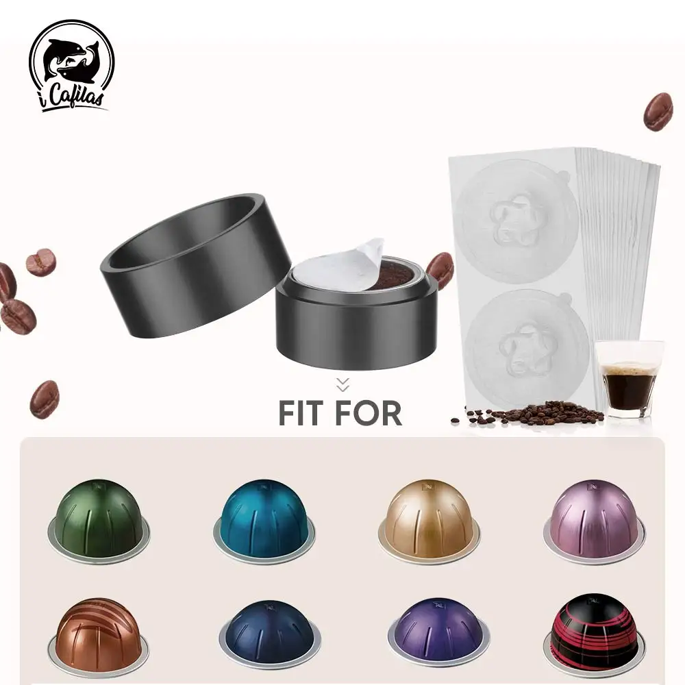BENFUCHEN Kit Capsule Nespresso VertuoLine Riutilizzabili | 100 Guarnizioni In Alluminio Da 62mm + Supporto E Spazzola