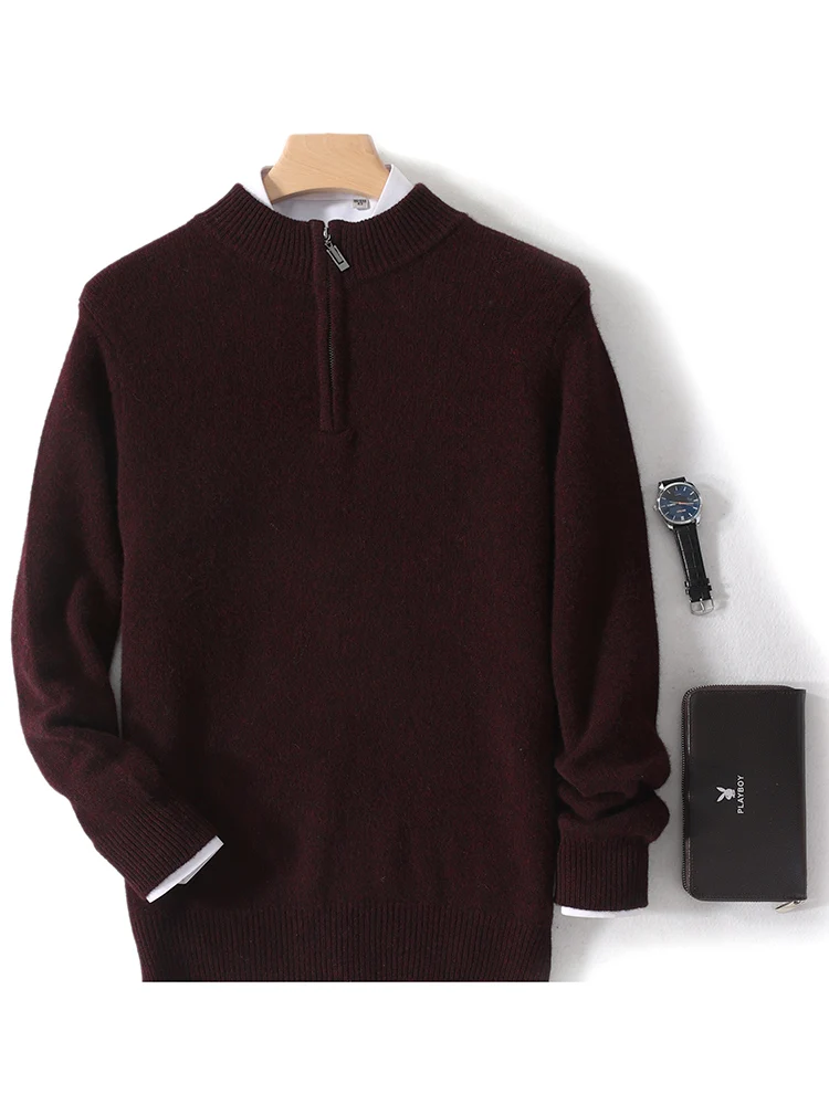 Men Mock Neck Zipper Sweaters 100% Merino Wool Pullover Casual Fashion Clothing Autumn Winter Thick Cashmere Knitwear Tops