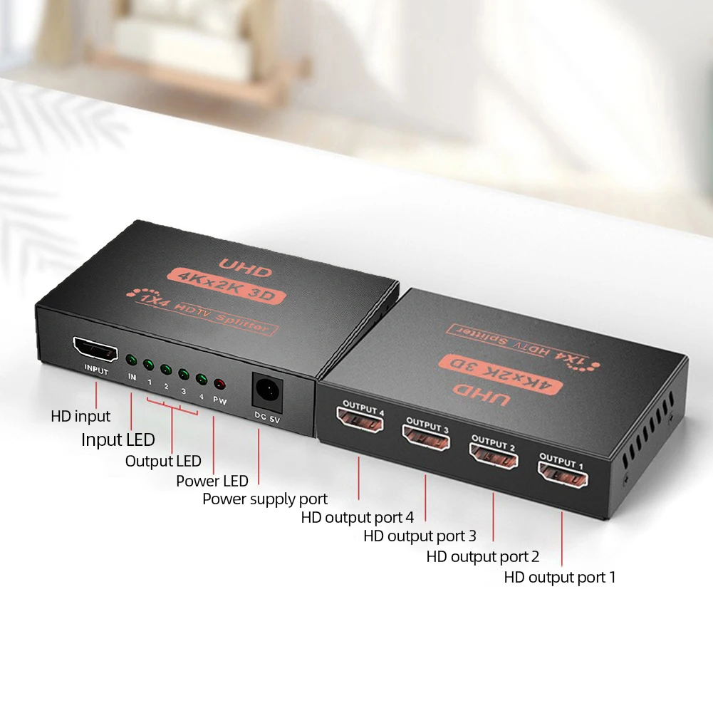 4K 30HZ HDMI-compatible Splitter Amplifier Adapter 1 in 4 Out Video Switcher 1080P Dual Display Converter for HDTV DVD PS3 Xbox