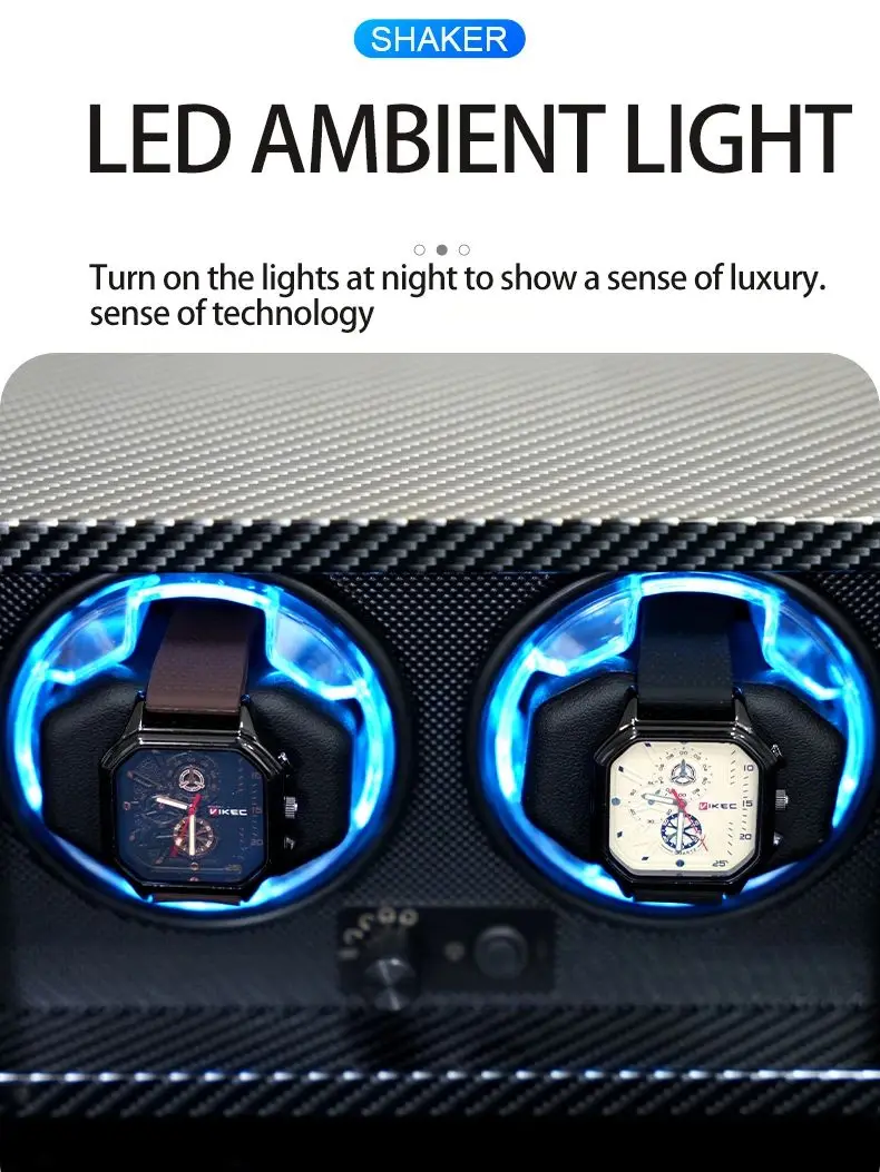 Automatic 4-Slot Watch Winder Box with Blue LED Light, Black Walnut, Red and Carbon Fib... - SKU LAWW1128 - UGI Packaging