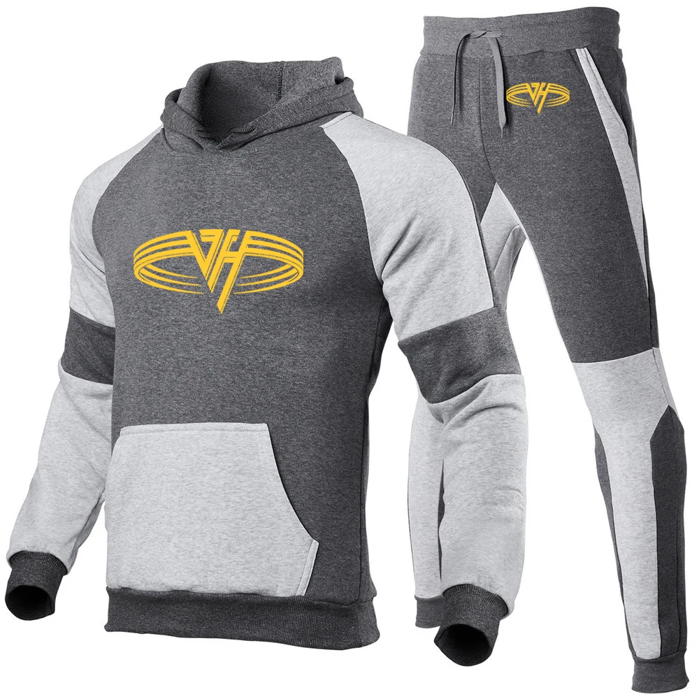 Cotton Patchwork Sports Hoodies and Sweatpants Set for Men