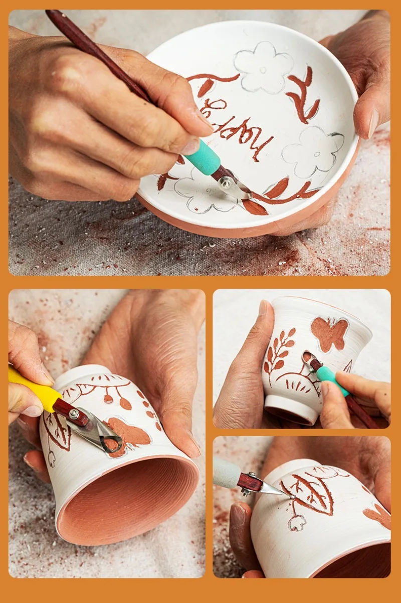 DIY Ceramic Clay Sculpture Scraping Texture Carving Tools Ring Carving Knife Wooden Handle Single Head Scraper Pottery Tools