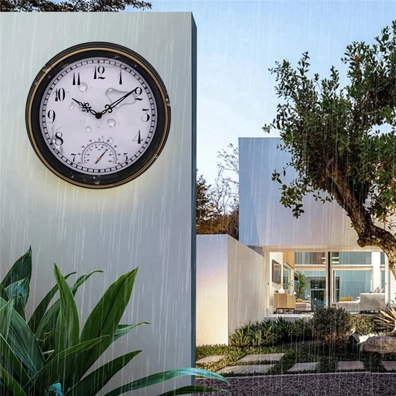 שעון קיר חיצוני עמיד למים עם מד חום IP44 עגול וינטאג' לקישוט גינה 12 אינץ' שעון חיצוני-ABXK