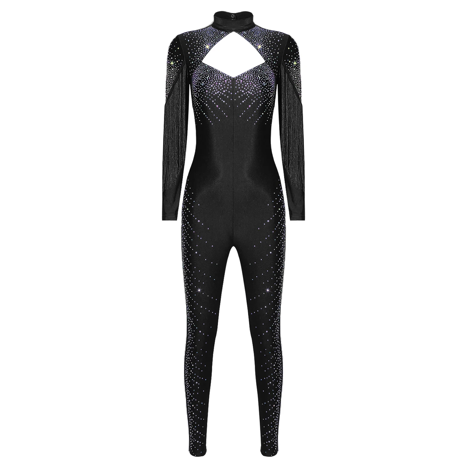 بدلة رقص نسائية للتزلج على الجليد من حجر الراين بأكمام طويلة مع شرابة أمامية من قطعة واحدة بدلة قطعة واحدة للجمباز