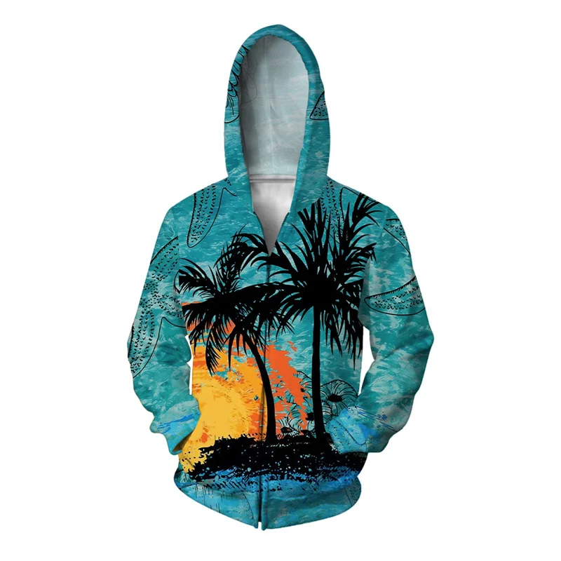 thumbnail image 1 of Sudadera con capucha con estampado 3D de árbol de coco para hombre, sudadera con gráfico de lobo y personaje, moderna, informal, cómoda, con capucha, holgada y con cremallera, 1 of 4