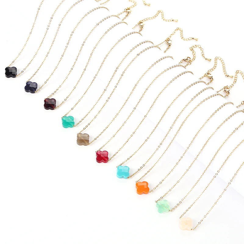 Modeschmuck Damen Exquisite Mini Classic Cut Gem Clover Kristall Anhänger 18k vergoldete wasserdichte Edelstahl Halskette