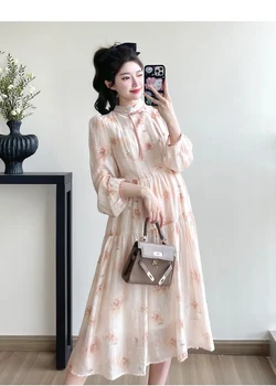 2025 Spring Autumn Maternity Floral Dress Ruffled Stand Collar Long Sleeve Pregnancy Chiffon Dress Sweet Fashion Pleated Shirts