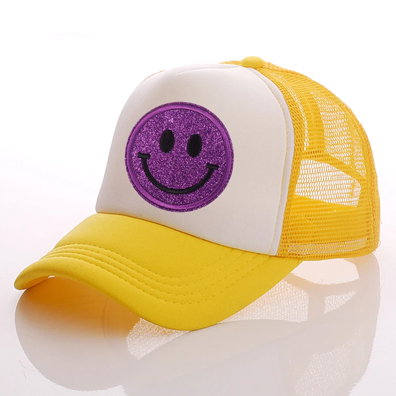 designer skully hat 2022 New 23 Colors Glitter Smiley Trucker Hat Men's Mesh Hat Summer Hat Trucker Hat Smiley Hat Adjustable Hat Cap Men  Unisex yellow skully hat Skullies & Beanies