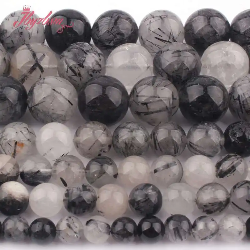 

6/8/10mm Natural Black Rutilated Round Smooth Stone Beads For Necklace Bracelats Earring Spacer Strand 15" DIY Jewelry Making