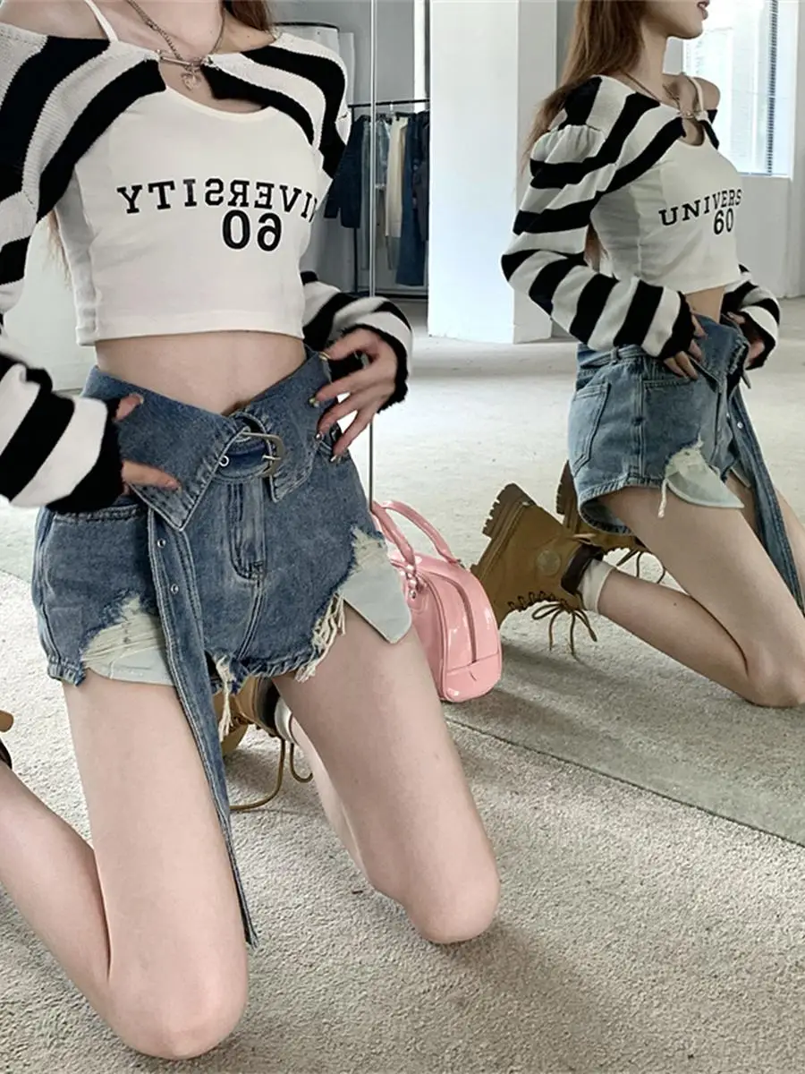 Vintage Ripped High Waist Jean Shorts 2024 Spring and Summer New Casual Loose Slimming Wide Leg  Denim Shorts Women's Hot Pants