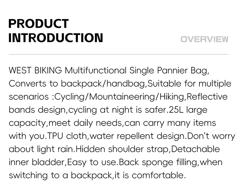 WEST BIKING 25L Multifunctional Cycling Backpack TPU Waterproof Moutain Bike Rear Side Pannier Bag Reflective Bicycle Travel Bag