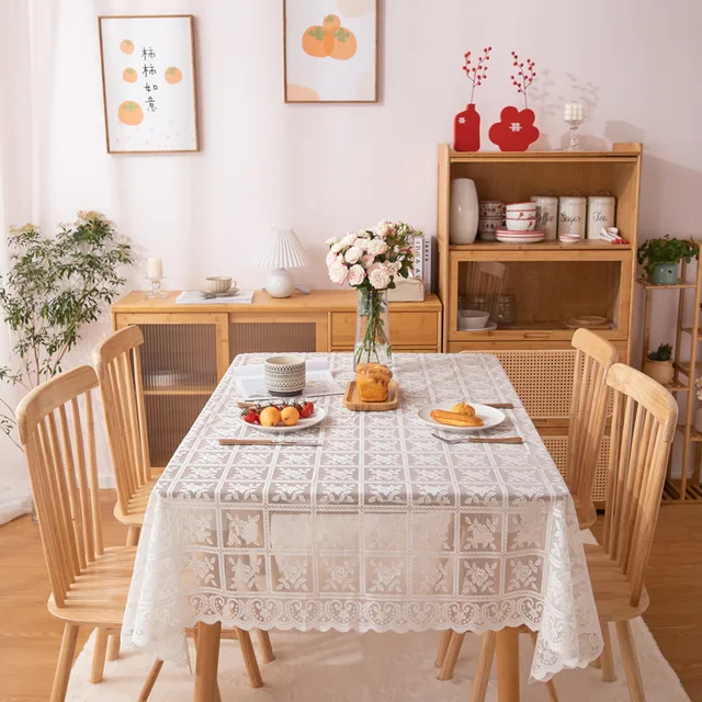 Nappe carrée Beige en dentelle ajourée, linge de table rétro européen brodé, décoration de jardin pour fête de mariage, maison 4