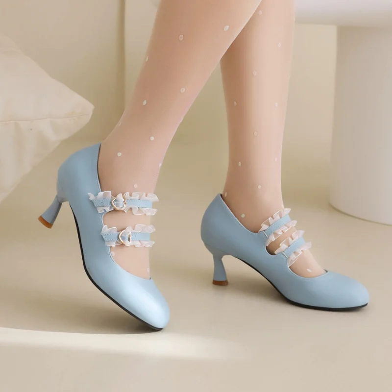 

Sweet Lolita Blue Pink Black White Double Buckle Mary Janes Shoes for Women Shallow 6cm High Heels Party Princess Pumps Ladies