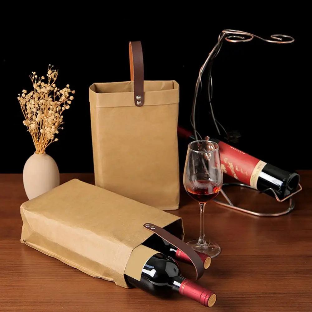 

Vintage Wine Gift Bag Waterproof Washed Kraft Paper Wine Bottle Bag Eco-friendly Gift Shopping Bag Travel Storage Reusable Tote