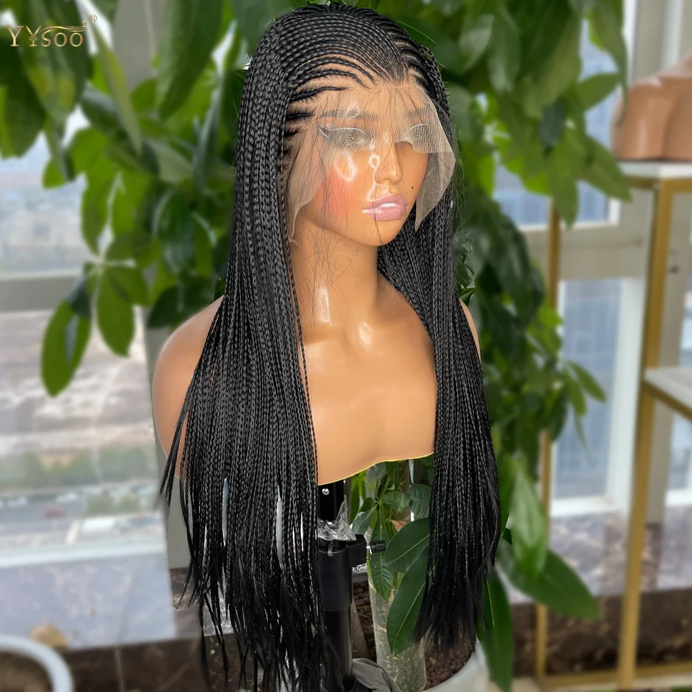 Long Side Part Black Micro Braided 13x6 Synthetic Lace Front Wigs for Black Women Full Hand Tied Box Braided Lace Front Wig