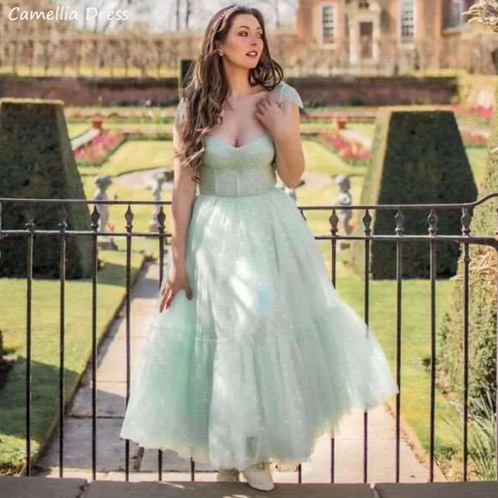 

Elegant Green Tulle Prom Party Dresses For Women Tiered Ankle-Length Short Graduation Evening Gowns Robe De Soirée فستان سهرة