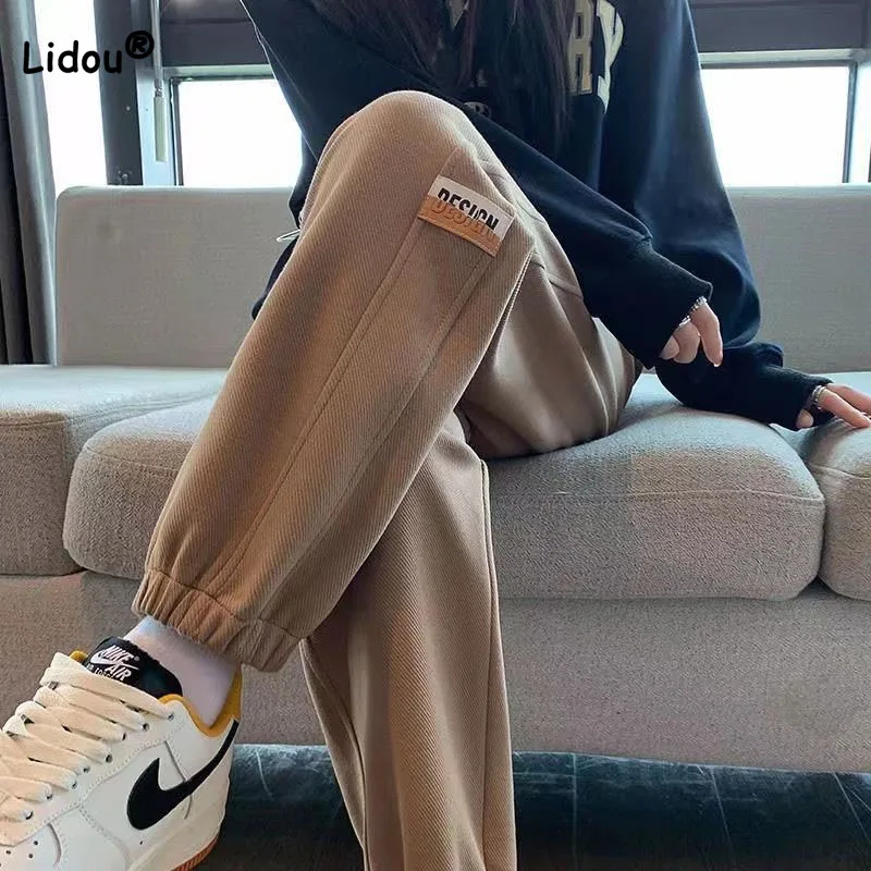 

Autumn Winter Casual Thick Drawstring Sports Pants Women's Clothing High Waist Fashion Loose Solid Color Fleece Harem Trousers