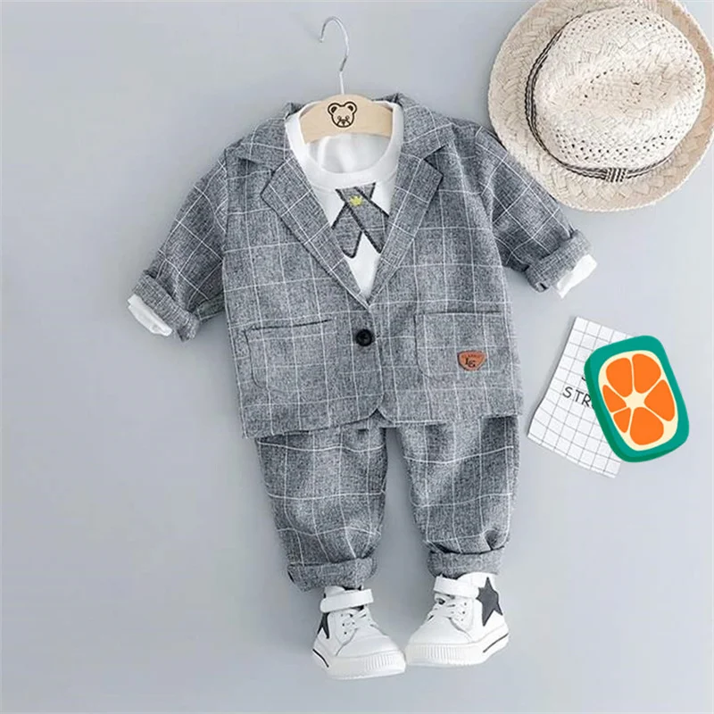 

3PCS/SET Kid Boy Clothes Gentleman Suit Casual Long Sleeve Plaid Party Costume Coat+Long Sleeve Tops+Pant Children Outfit A589