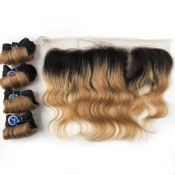 Ombre Body Wave Bundles With Frontal Indian Human Hair Bundles With Lace Closure Colored 1B 27 30 99J Bundles Hair Extensions