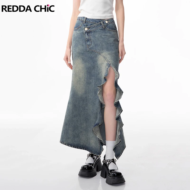 

ReddaChic Asymmetric Ruffle Slit Long Jeans Skirt Women Retro Blue Crossover High Waist Fishtail Denim Skirt Summer Y2k Clothes