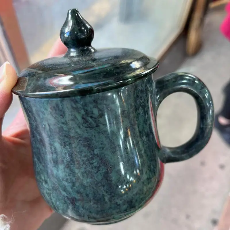 Natural Jade Teacup Mug With Handle And Lid Genuine Jades Stone Milk Mug Water Cups Health Gongfu Teaware