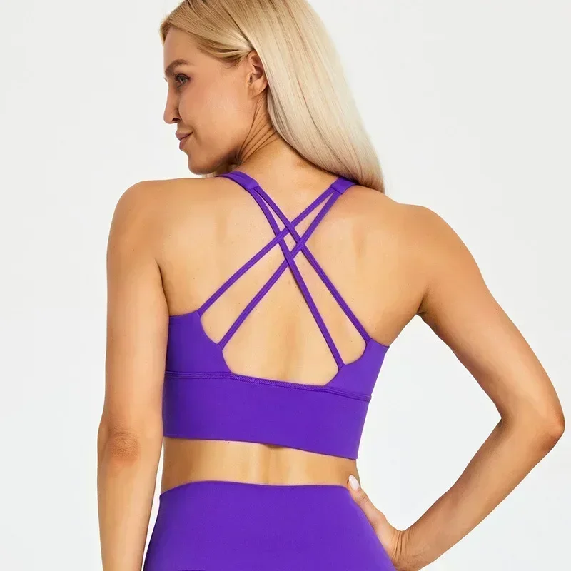 Lemon Women Shock-proof Sports Bras Naked-feel Sexy Cross Yoga Fitness Bra Padded Push Up Athleti Crop Top Running Workout Vest