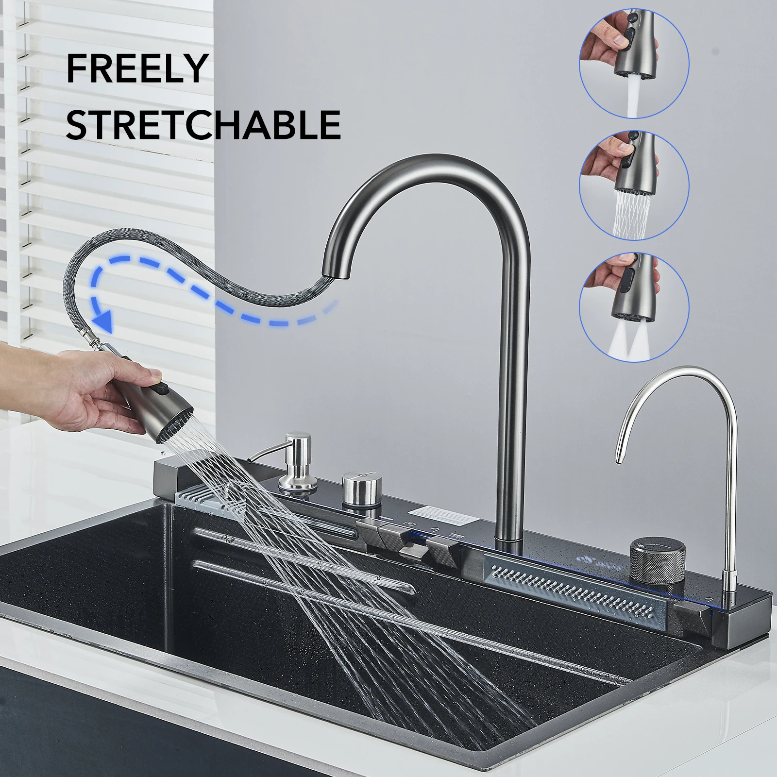 Nano Kitchen Sink 201 Stainless Steel Kitchen Waterfall Sink Digital Display Large Single Dish Basin Faucet
