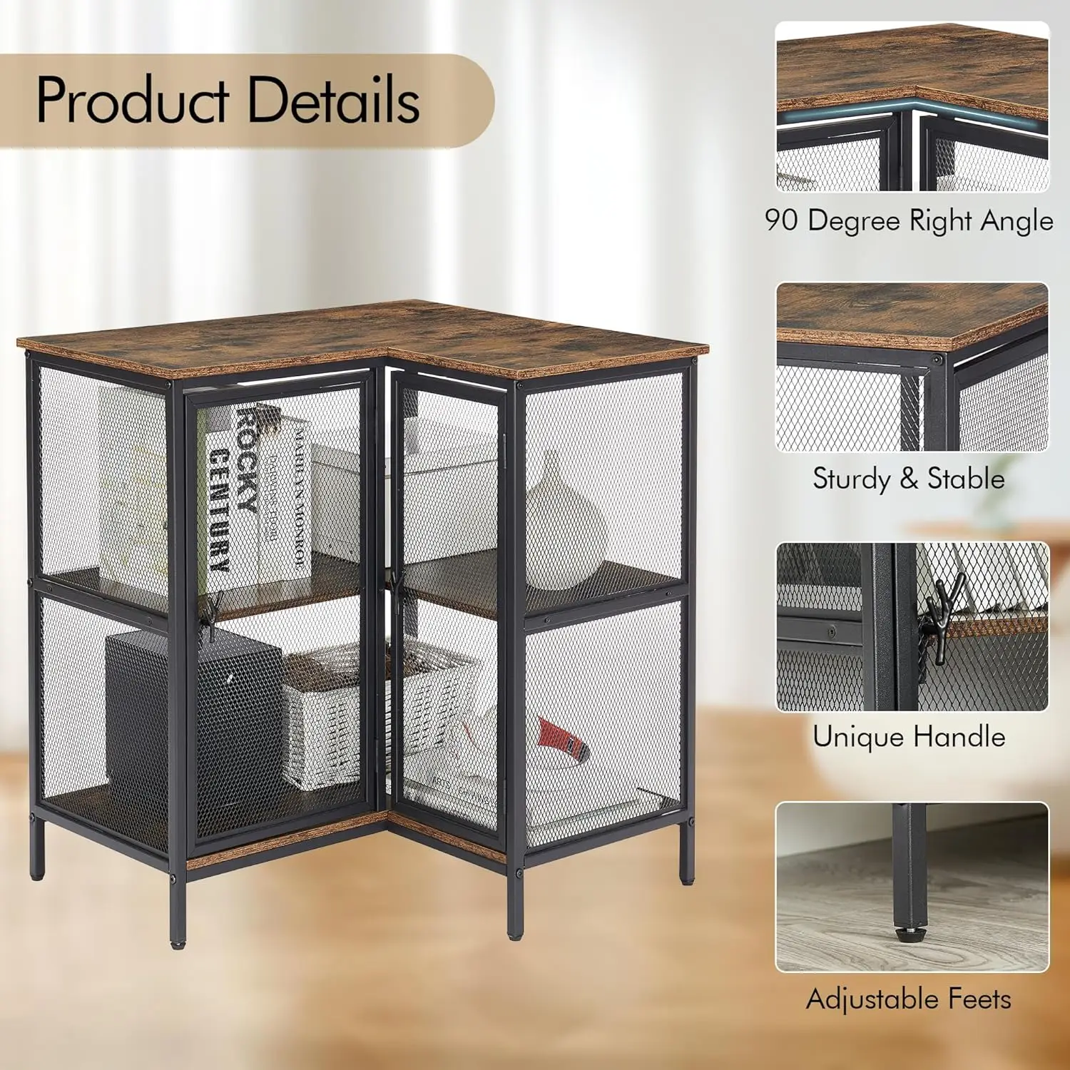 3-Tier Corner Cabinet, Metal Mesh Doors, Short TV Stand, Compact Space, Living Room, Kitchen, Home Office, Brown