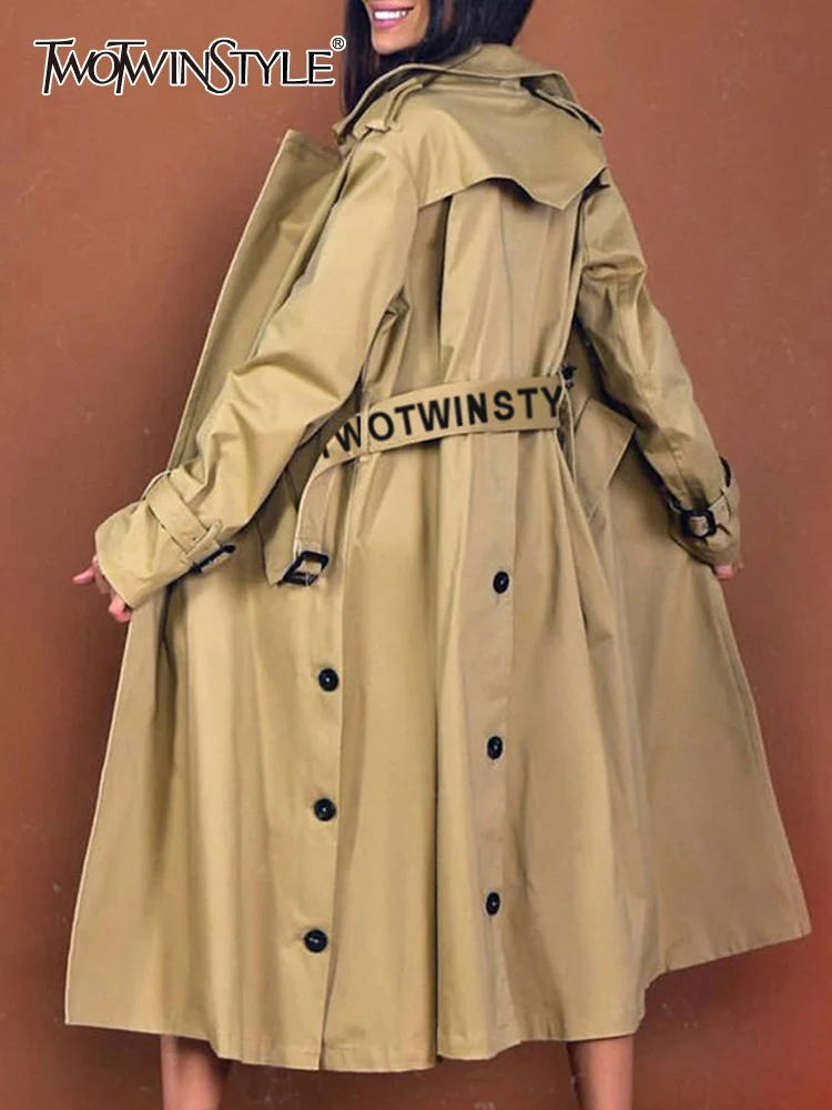 

TWOTWINSTYLE Solid Windbreaker For Women Lapel Long Sleeve Patchwork Double Breasted High Waist Loose Trench Female Autumn 2022