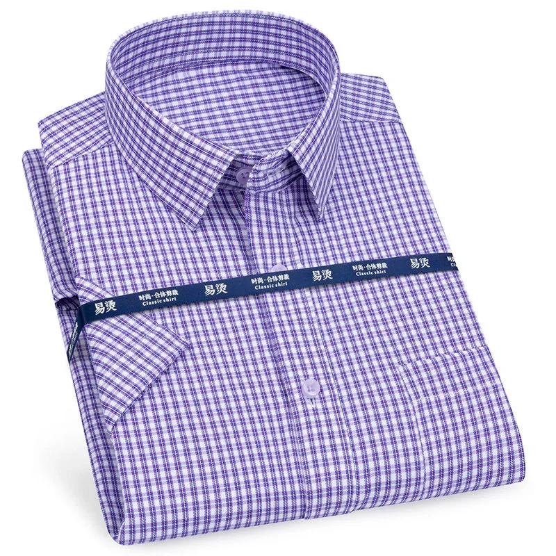 Mens Short Sleeve Shirt Business Casual Classic Plaid Striped Checked Male Social Dress Shirts Purple Blue Beach Quality Shirts dress shirts men casual shirts