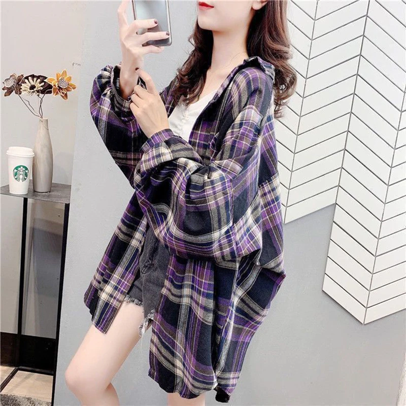 Fashion Lapel Plaid Lantern Sleeve Asymmetrical Shirts Female Clothing 2024 Spring Summer Loose Casual Tops Irregular Blouses