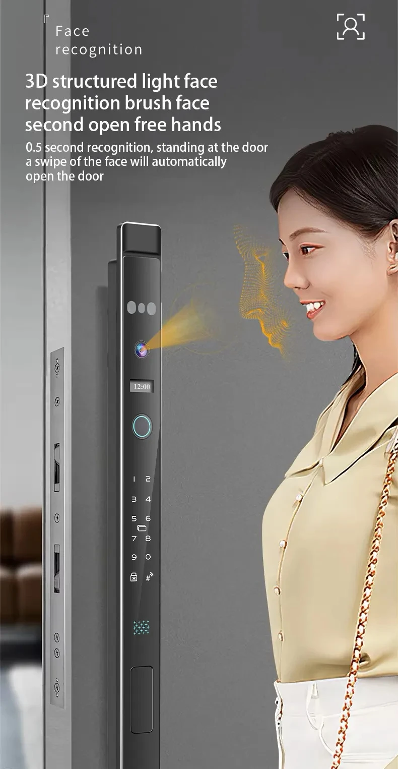 투야 스마트 도어락, 3D 얼굴 인식 및 지문인식 기능 탑재, 알루미늄, 목재, 철제 도어에 사용 가능, WiFi 호환