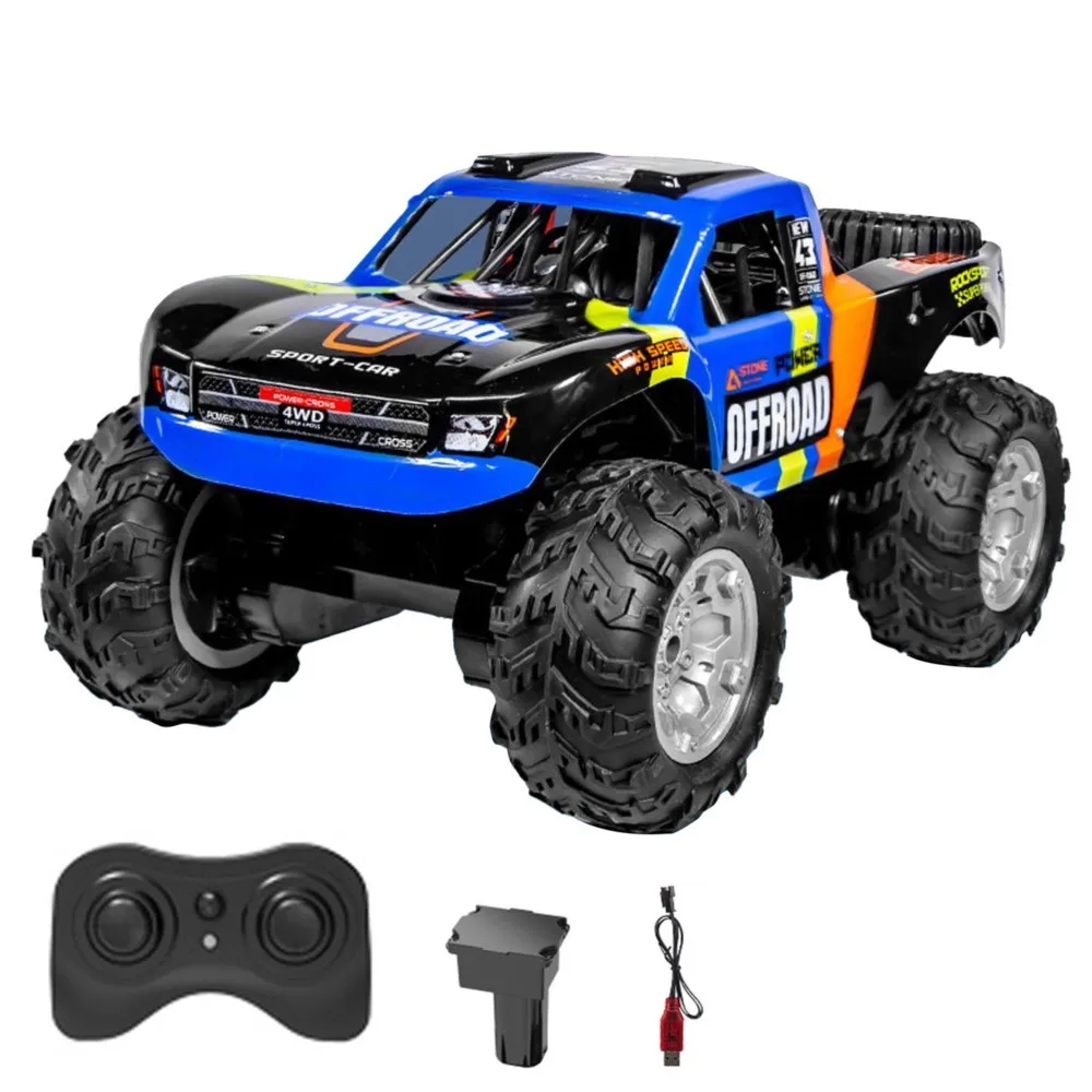 Vue de dessus de la voiture RC tout-terrain JJRC Q205 1/14 4x4 amphibie radiocommandée bleue, cascade 360° en démonstration