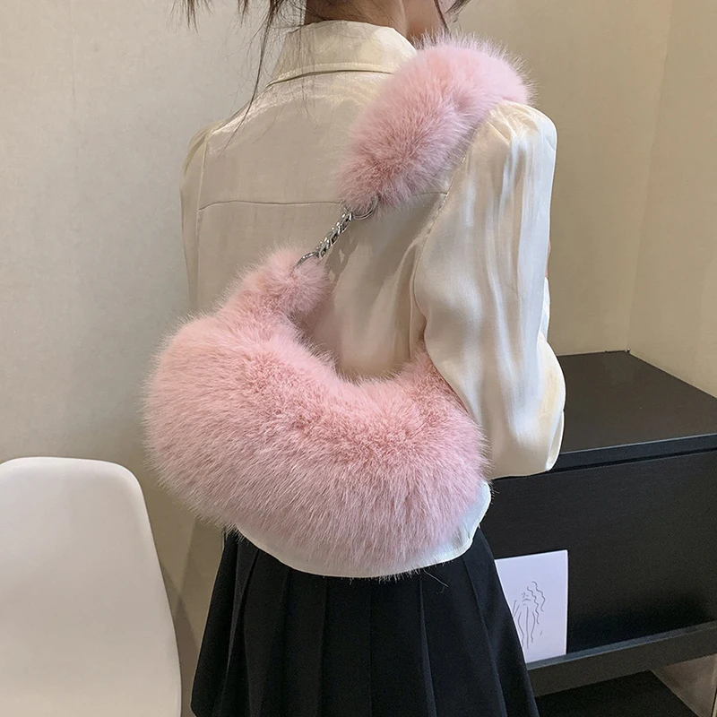 

Solid Color Fluffy Faux Fur Shoulder Bag for Women 2023 PlushChain Crossbody Bag Winter Simple Female Underarm Bag Soft Warm