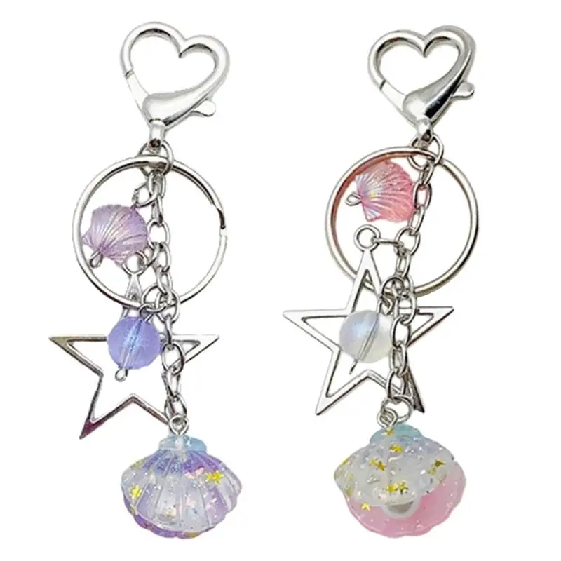 Portachiavi Scintillante A Forma Cuore Con Ciondolo A Forma Stella Con Perline Conchiglia