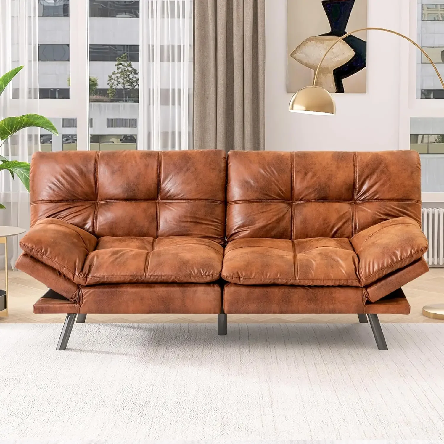 

Futon Sofa Bed,Brown Leather Futon Couch Foldable Sofa Sleeper Loveseat with Armrests for Compact Living