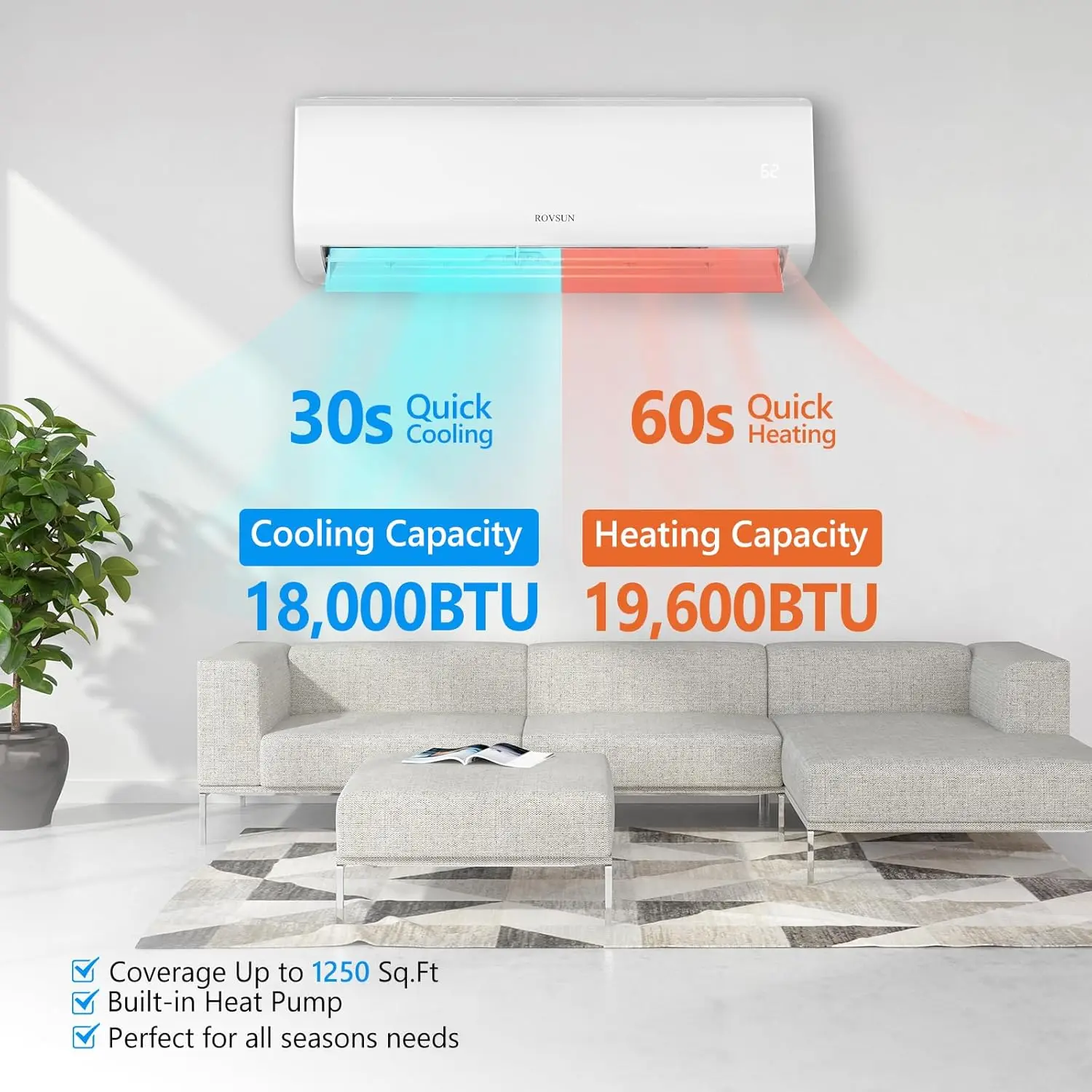 18000 BTU 230V 19 SEER Efficient Ductless Mini Split Inverter Plus System with Heat Pump and Dehumidification 24 Hour Timer