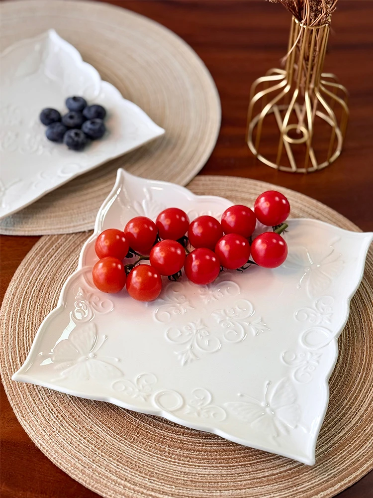 4Pcs Ceramic New Butterfly 8/10 Inch, Square Plate Evening Plate, Elegant Embossed Butterfly Pattern-Household Kitchen Utensil
