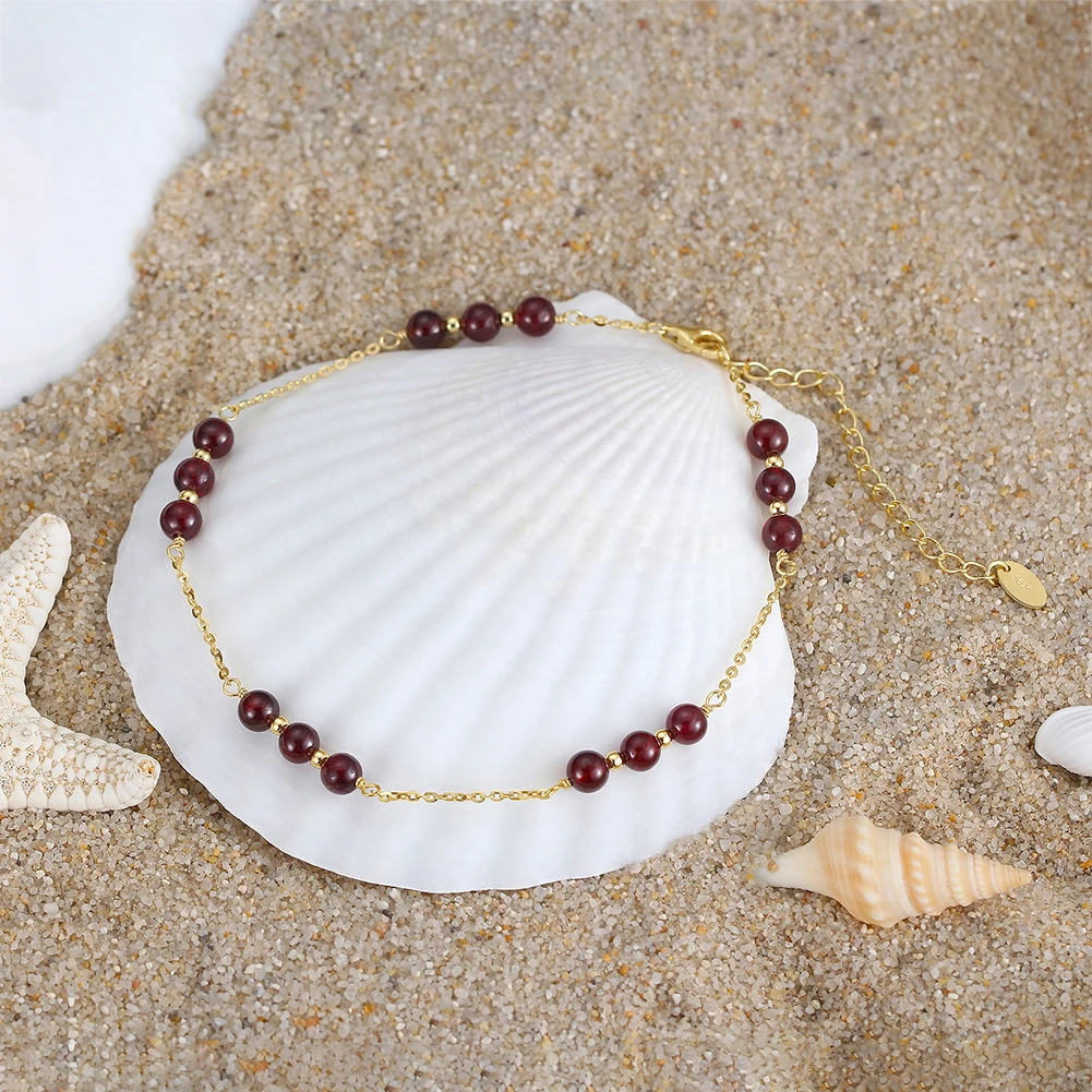 KISS MANDY 14K Gold 4mm Beaded Garnet Anklet for Women Genuine 925 Sterling Silver Fashion Summer Beach Foot Chain Anklets SA46