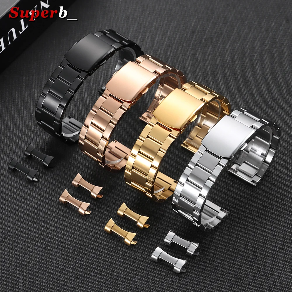 Elegant Curved End Gold Stainless Steel Watch Strap with Double Press Safety Clasp