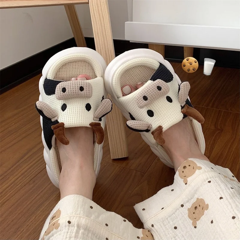 

Women Platform Slippers Cute Milk Cow Cartoon Indoor Spring Summer Shoes Couples Home Floor Slides Thick Sole Female Slippers