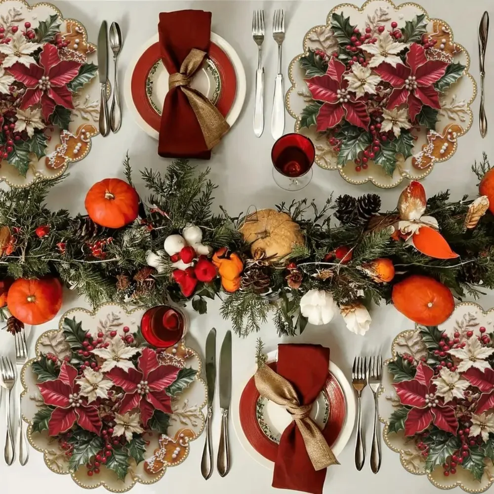 4PCS Christmas Circular Waves Placemats Non Slip Heat Resistant Table Mats Winter Dining Party Christmas Decor Round Tablecloth_voghion.com