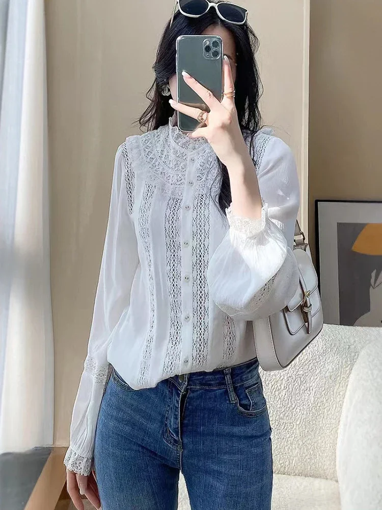 GypsyLady Boho Elegant Chic Blouse Shirt Cotton Patchwork Hollow Out Women Blouse Long Lantern Sleeve Ladies Casual Top Shirts
