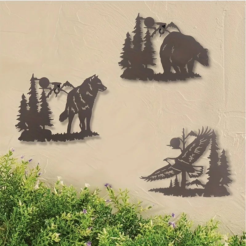 

Rustic Wildlife Wall Art: 3pcs Moon Wolf Bear Set - Laser Cut Metal Decor for Home, Room, Yard, Garden & Holiday Decorations