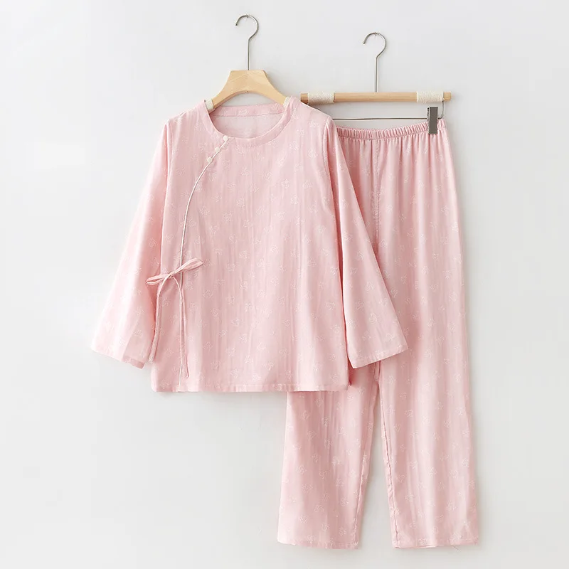 

100% Cotton Full Sleeves Two-Pieces Sleepwear Simple Round Neck Printed Pajama Sets Loose Design Long Pants Pyjamas For Women
