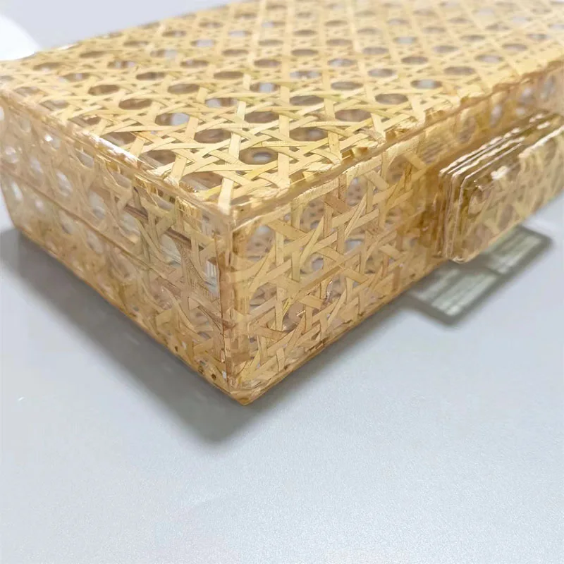 Woven Rattan Hollow Acrylic Clutch Handbag for Women Trend 2024 Square Straw Bag Crossbody Shoulder Hard Purse bolsos Aesthetic