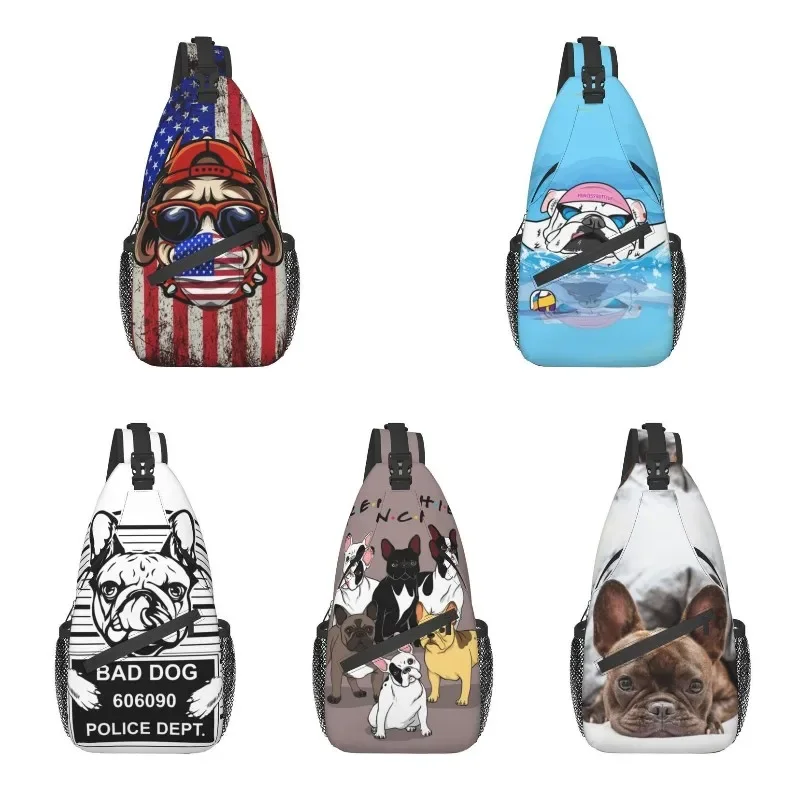 

American Flag With French Bulldog Sling Chest Crossbody Bag Men Casual Dog Lover Shoulder Backpack for Hiking