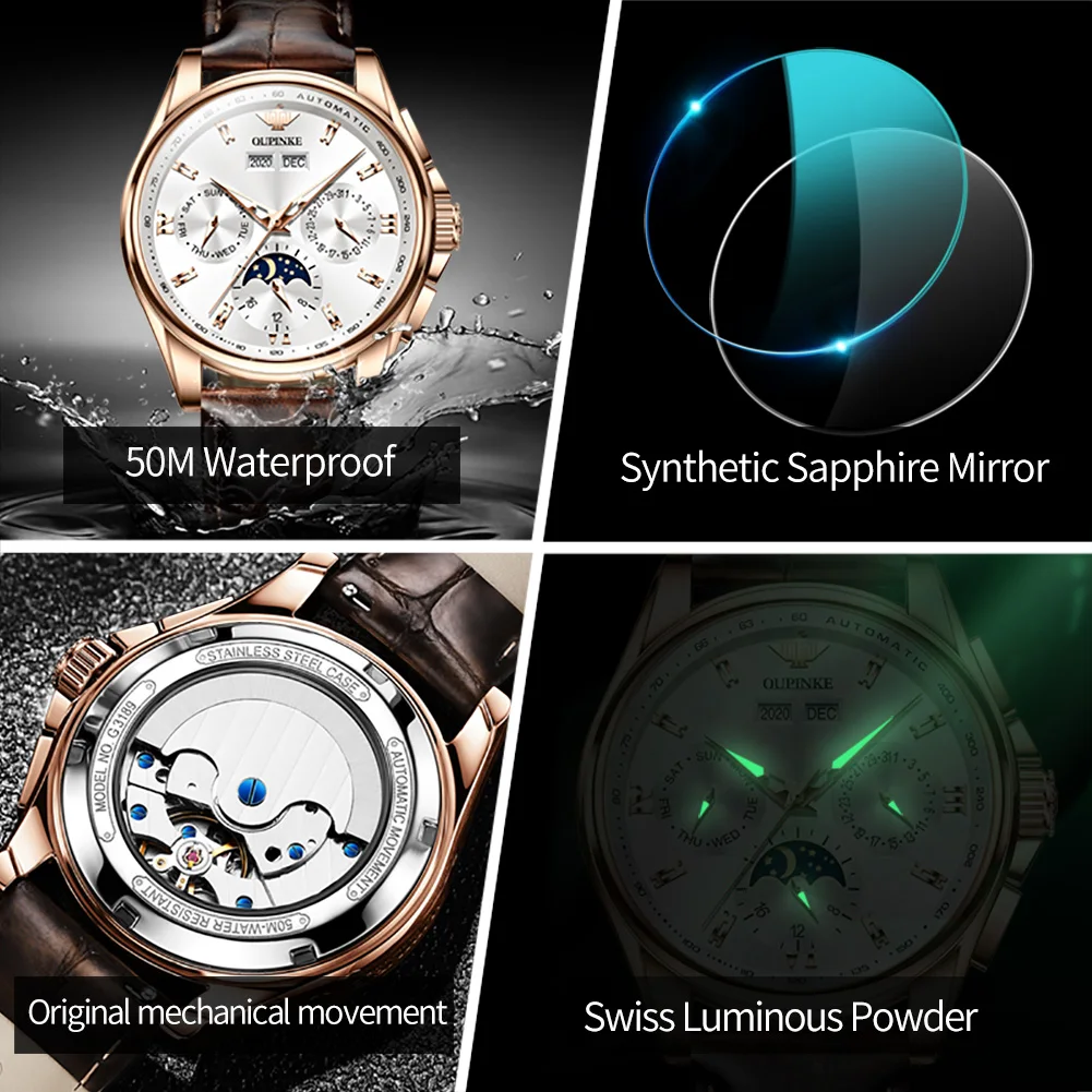 OUPINKE 3189 Date Men's Watch Moon Phase Mechanical Dress Watch For Men Synthetic Sapphire Mirror Waterproof Male Wristwatch
