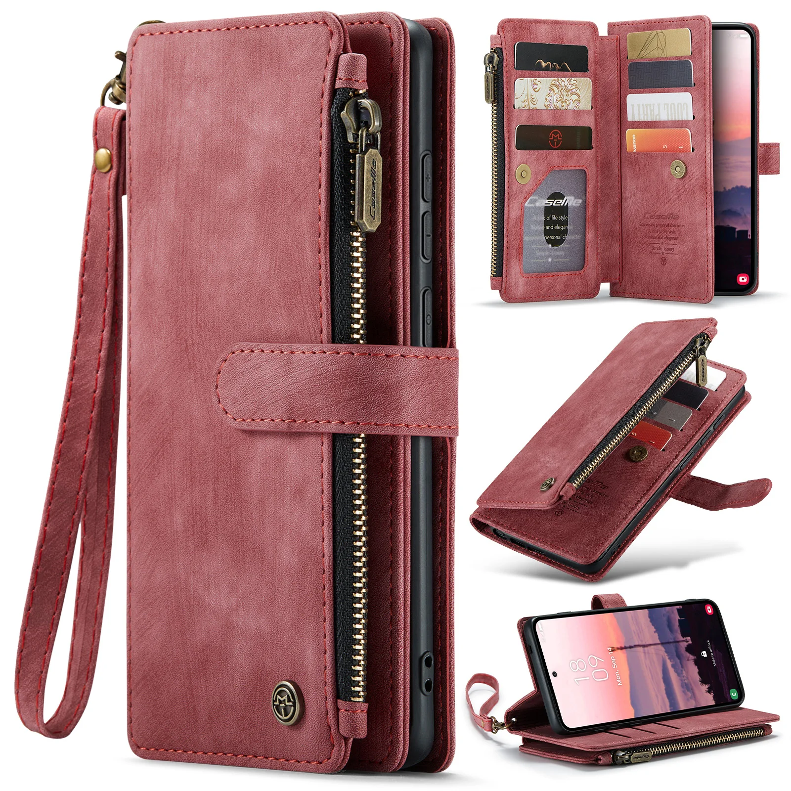 Zipper Flip Wallet Leather Phone Case with Lanyard and Wireless Charging Capability