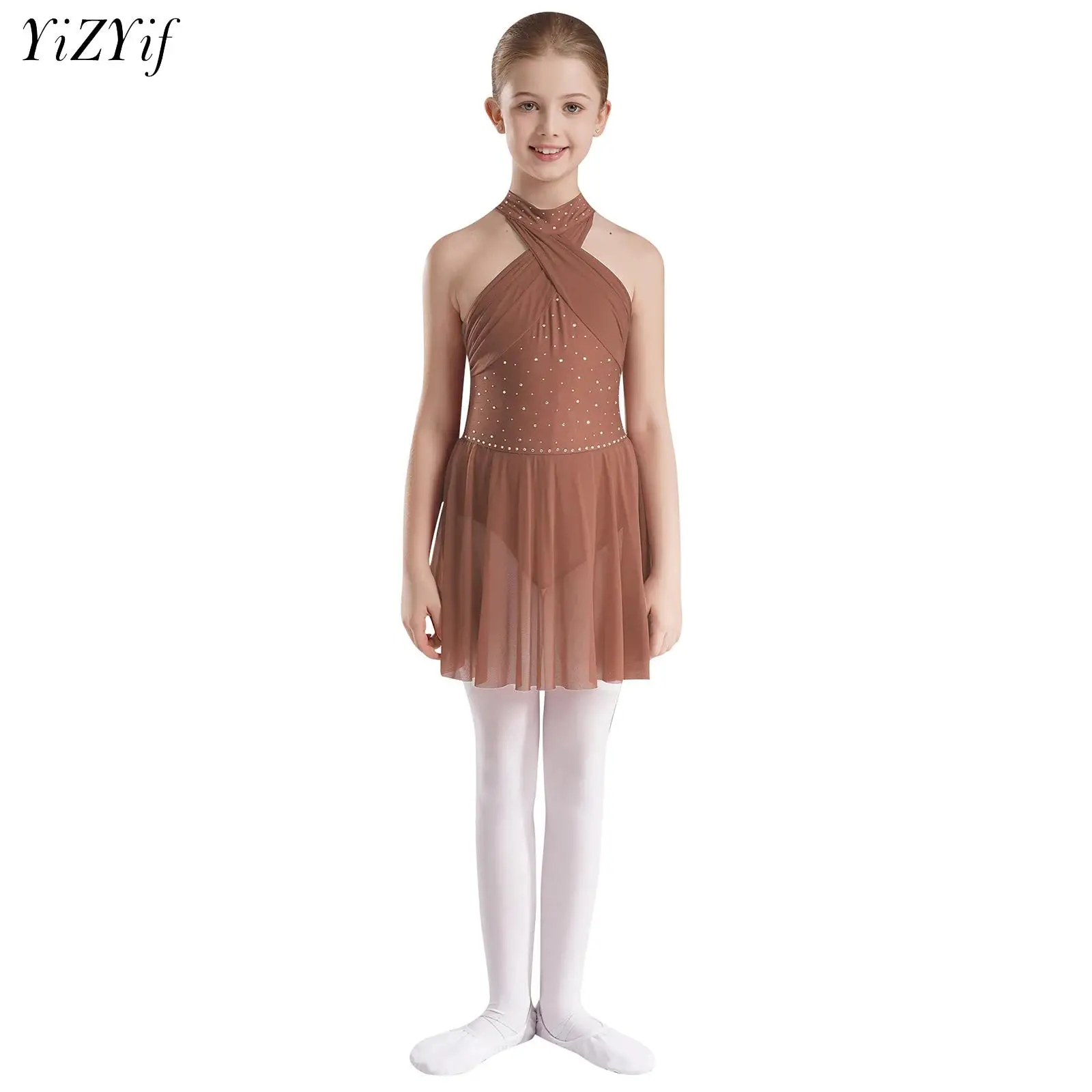 

Kids Girls Ballet Lyrical Contemporary Dancewear Ballet Dance Leotard Dress Stage Costume Cross Mesh Splice Ballerina Tutu Dress